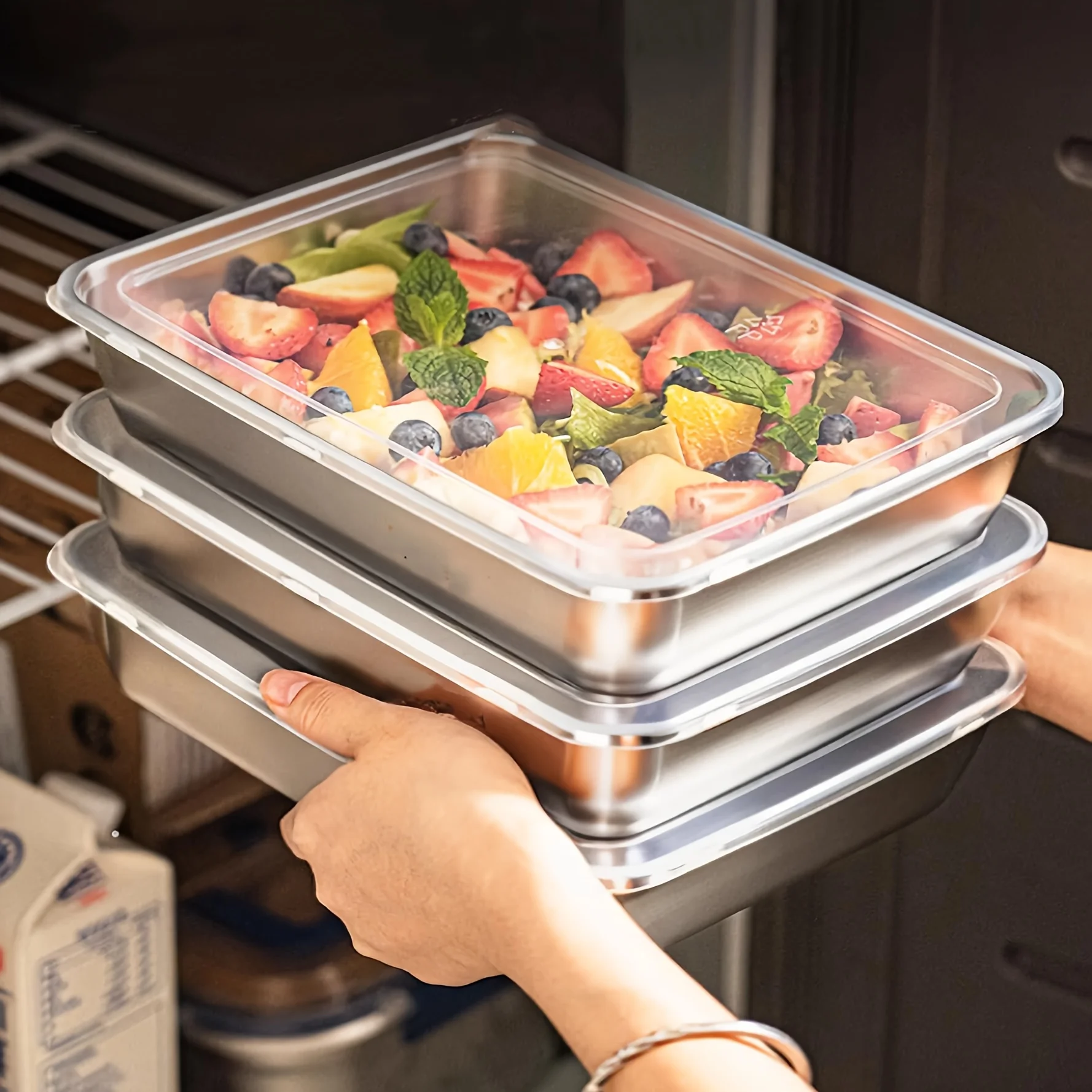 Food Storage Lunch Box - 3개 스텐밧드 밀폐용기, 스텐+밀폐용기 반찬통, 냉동보관용기