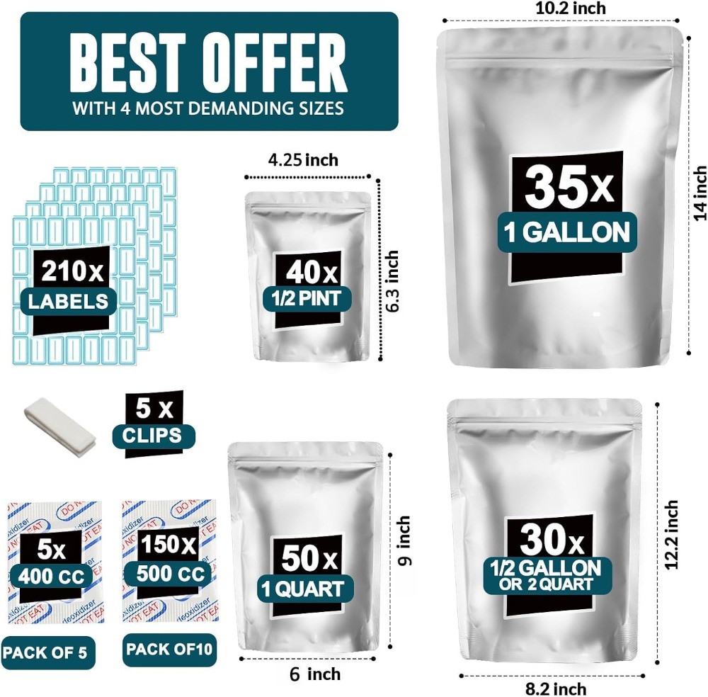 155개의 산소 흡수제가 포함된 155개의 마일라 백- - Food Storage For Long Term 리뷰 및 가격